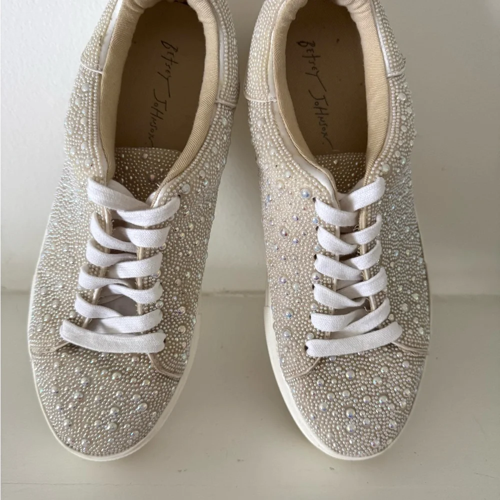 Betsey Johnson Women’s Sidney Laceup Platform Pearl-Embellished Sneaker - Picture 2 of 10